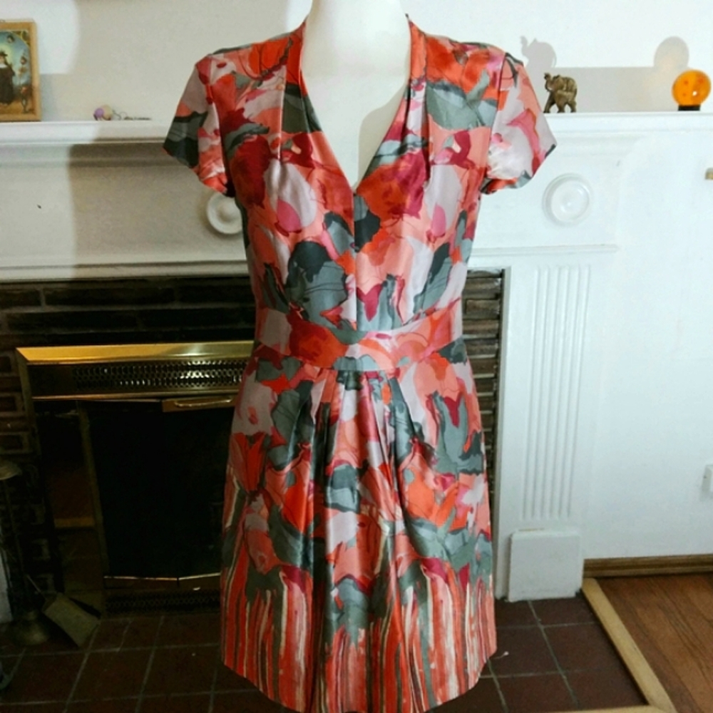 4) Banana Republic Silk Watercolor Pleated Midi Dress